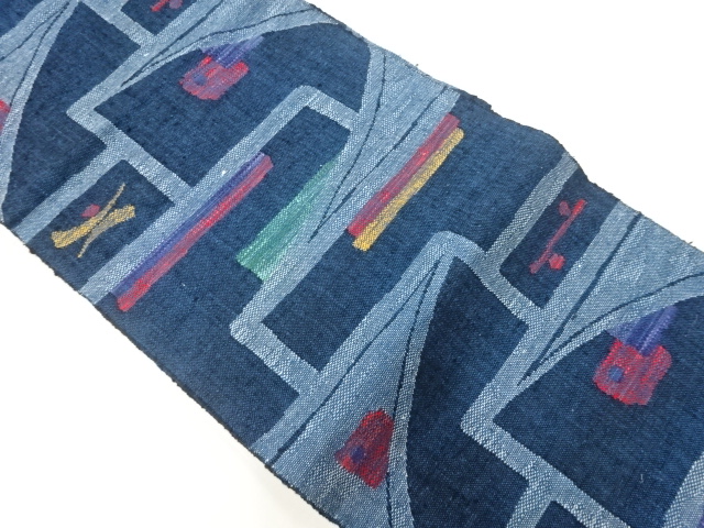 リサイクル　手織真綿紬幾何学模様織出し名古屋帯